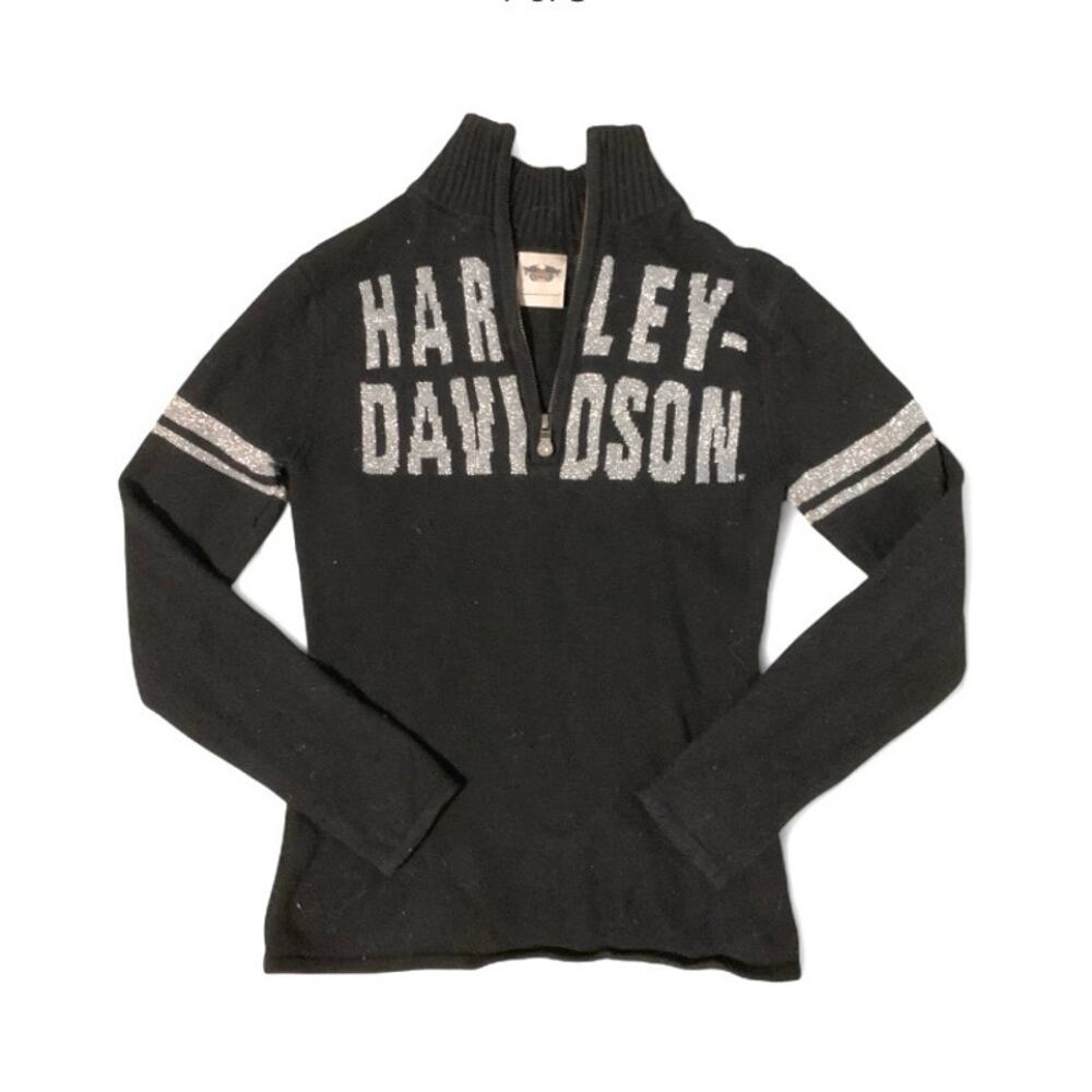 Y2K Harley-Davidson Grunge Biker Black Quarter-Zip Sweater